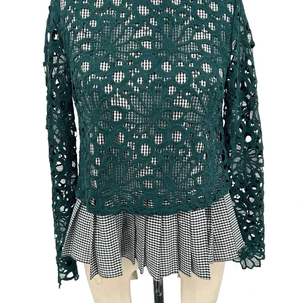Anthropologie Maeve‎ Gabriella Top Blouse Peplum Gingham Lace Green Size XS